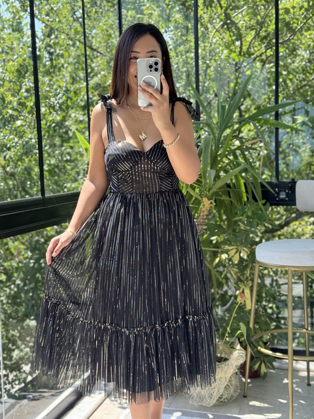 Askılı Geniş Etekli Abiye Siyah