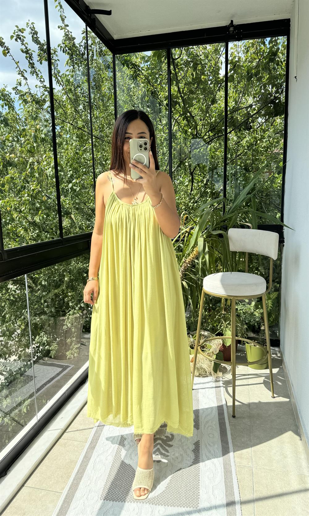 Askılı Keten Elbise Kivi Yeşili