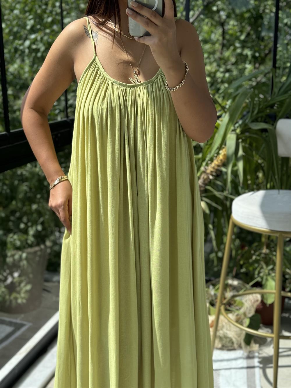 Askılı Keten Elbise Kivi Yeşili