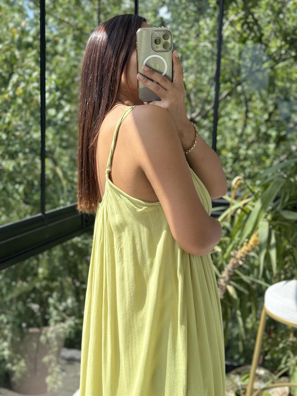 Askılı Keten Elbise Kivi Yeşili