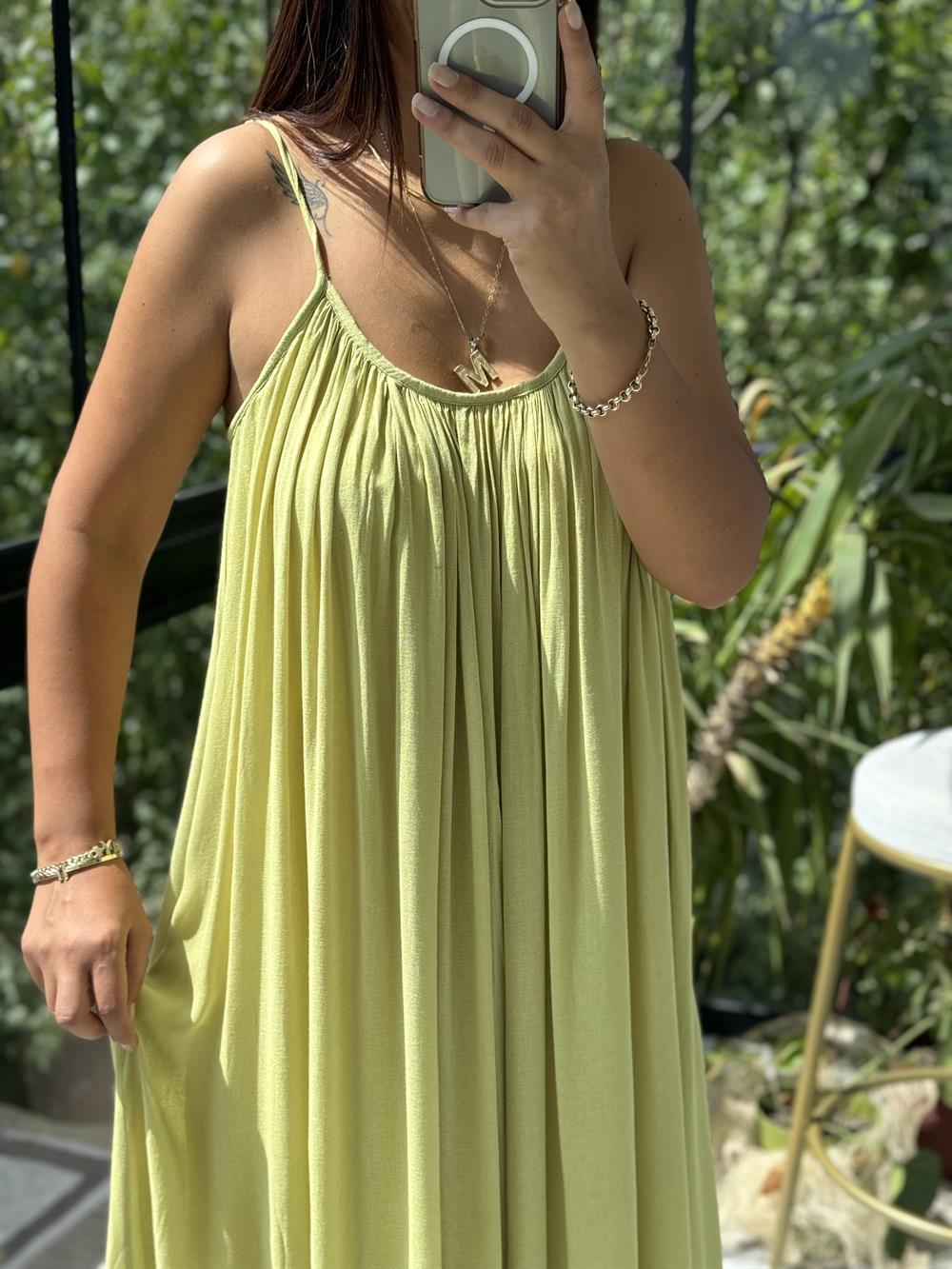 Askılı Keten Elbise Kivi Yeşili