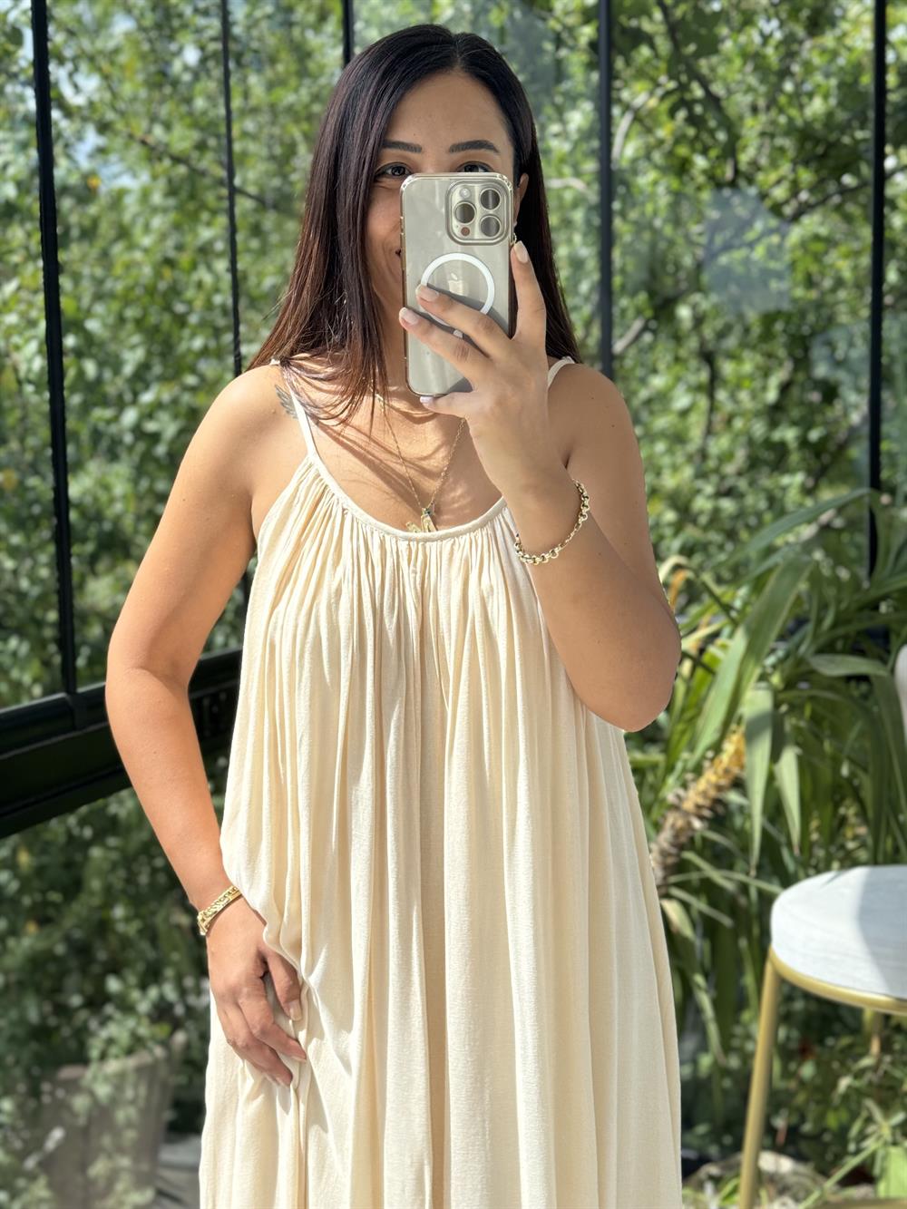 Askılı Keten Elbise Taş