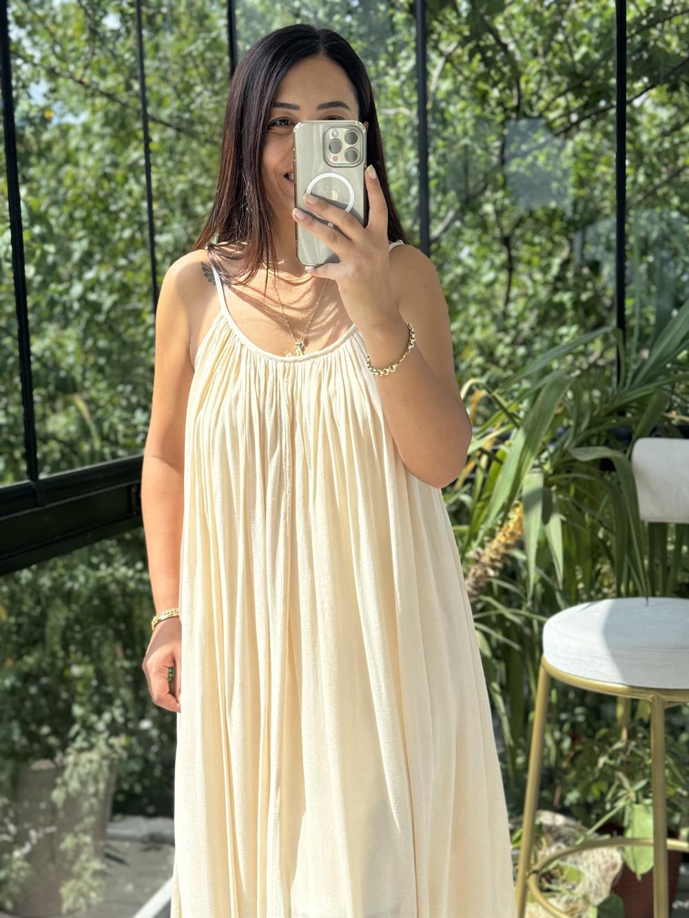 Askılı Keten Elbise Taş