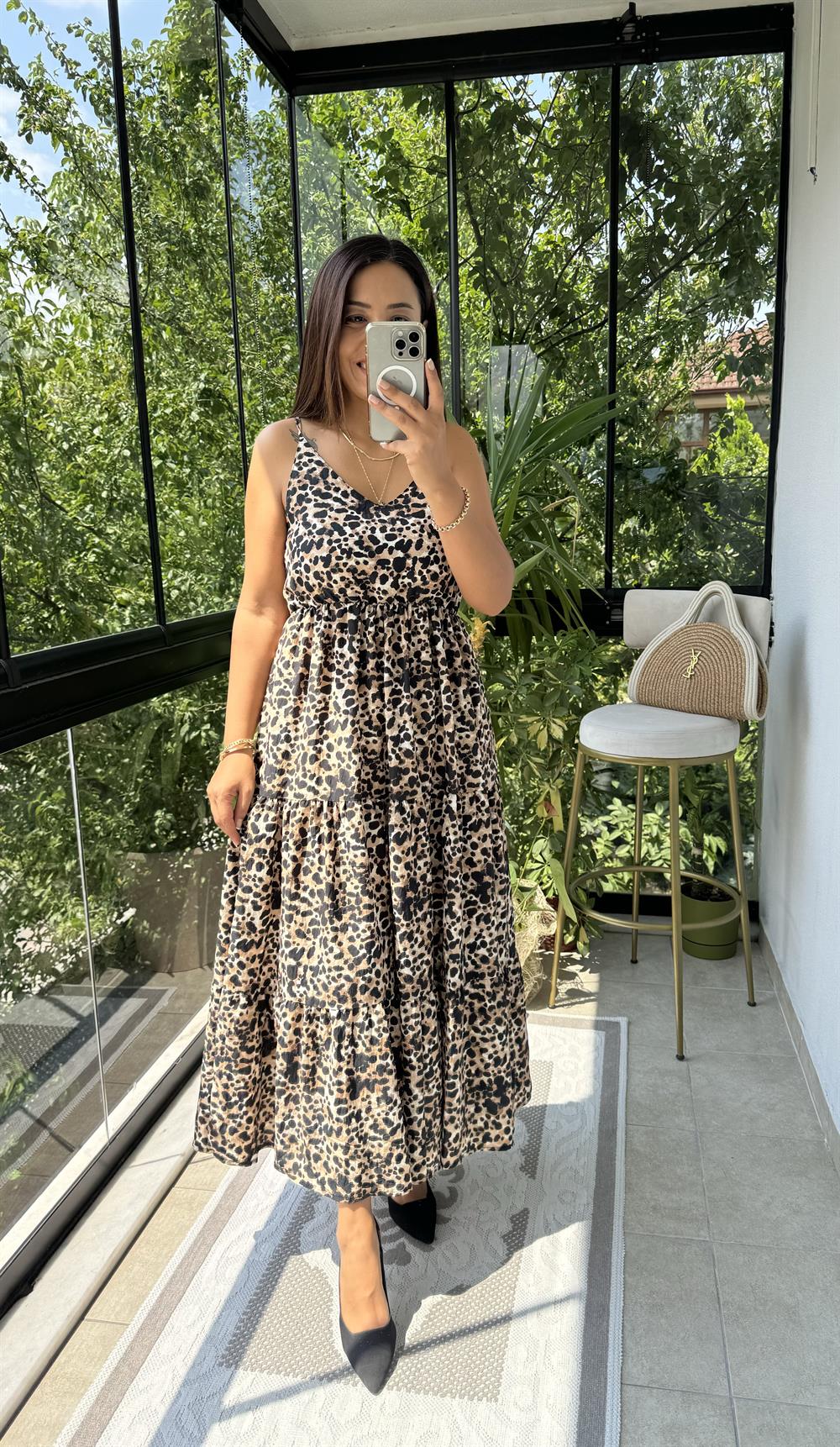 Askılı Leopar Elbise 