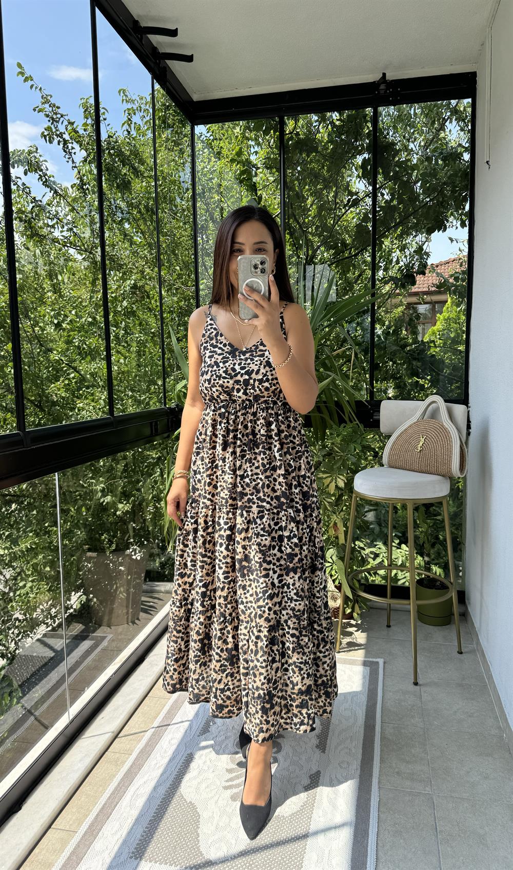 Askılı Leopar Elbise 