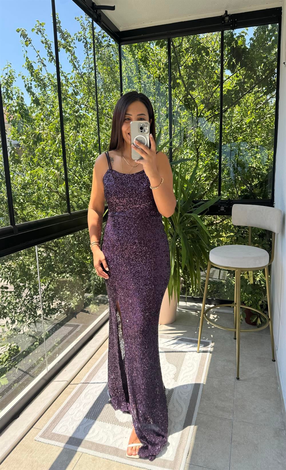 Askılı Yırtmaçlı Uzun Pul Abiye Mürdüm