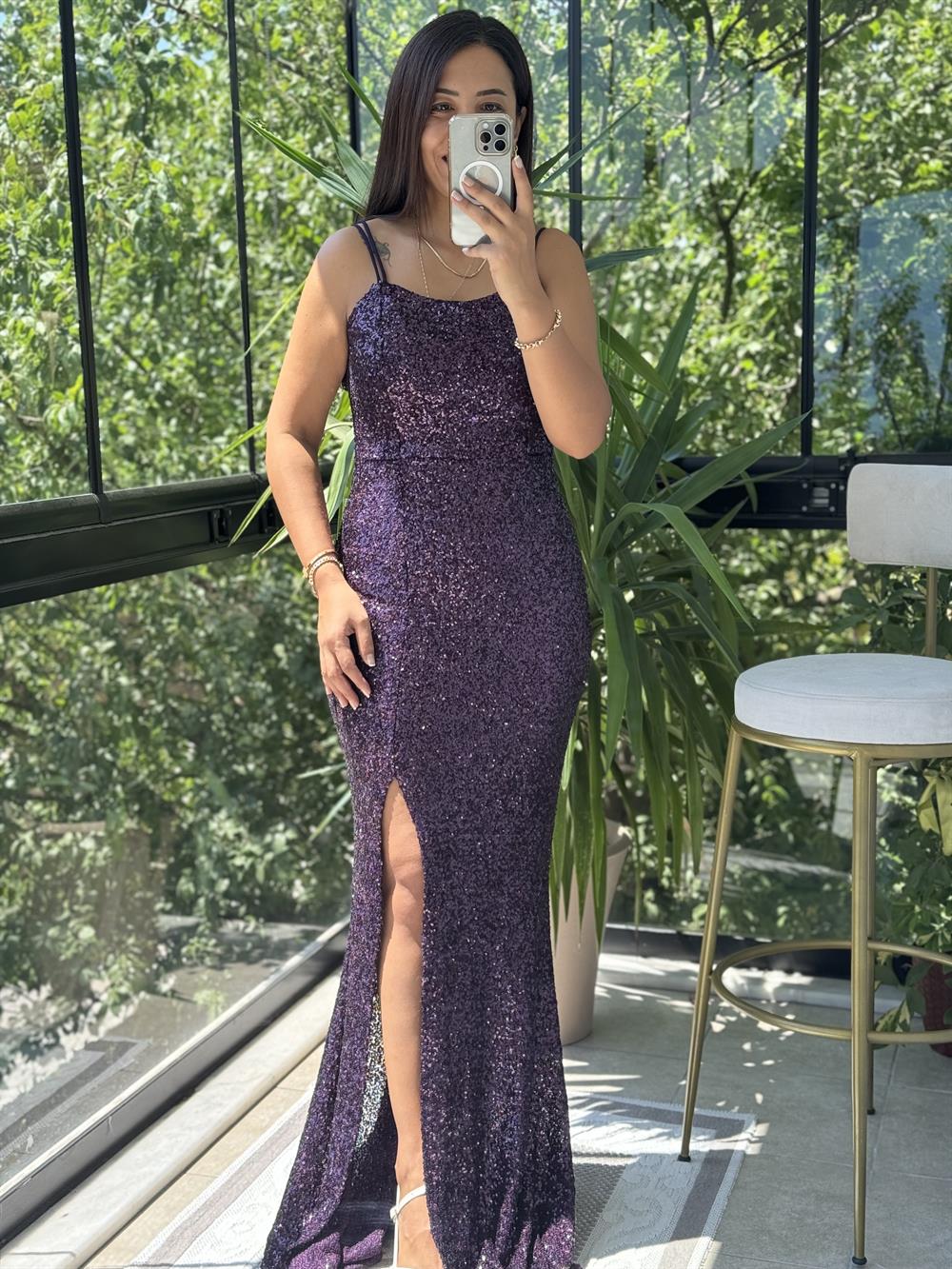 Askılı Yırtmaçlı Uzun Pul Abiye Mürdüm