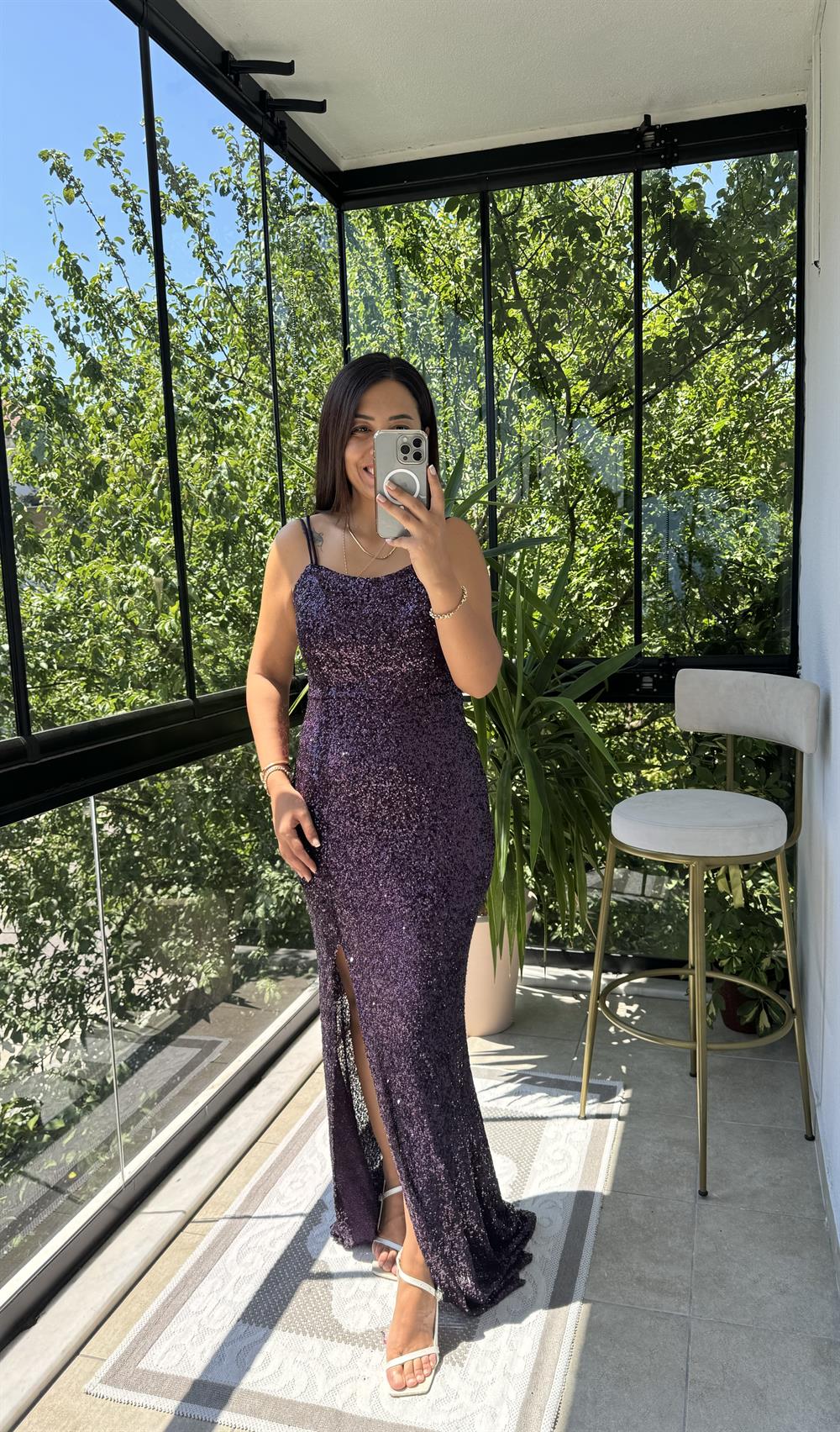 Askılı Yırtmaçlı Uzun Pul Abiye Mürdüm