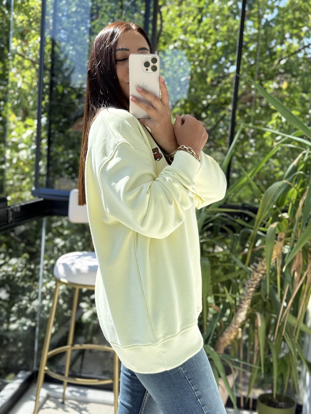 Ayıcık Nakışlı Basic Sweatshirt Limon Sarısı