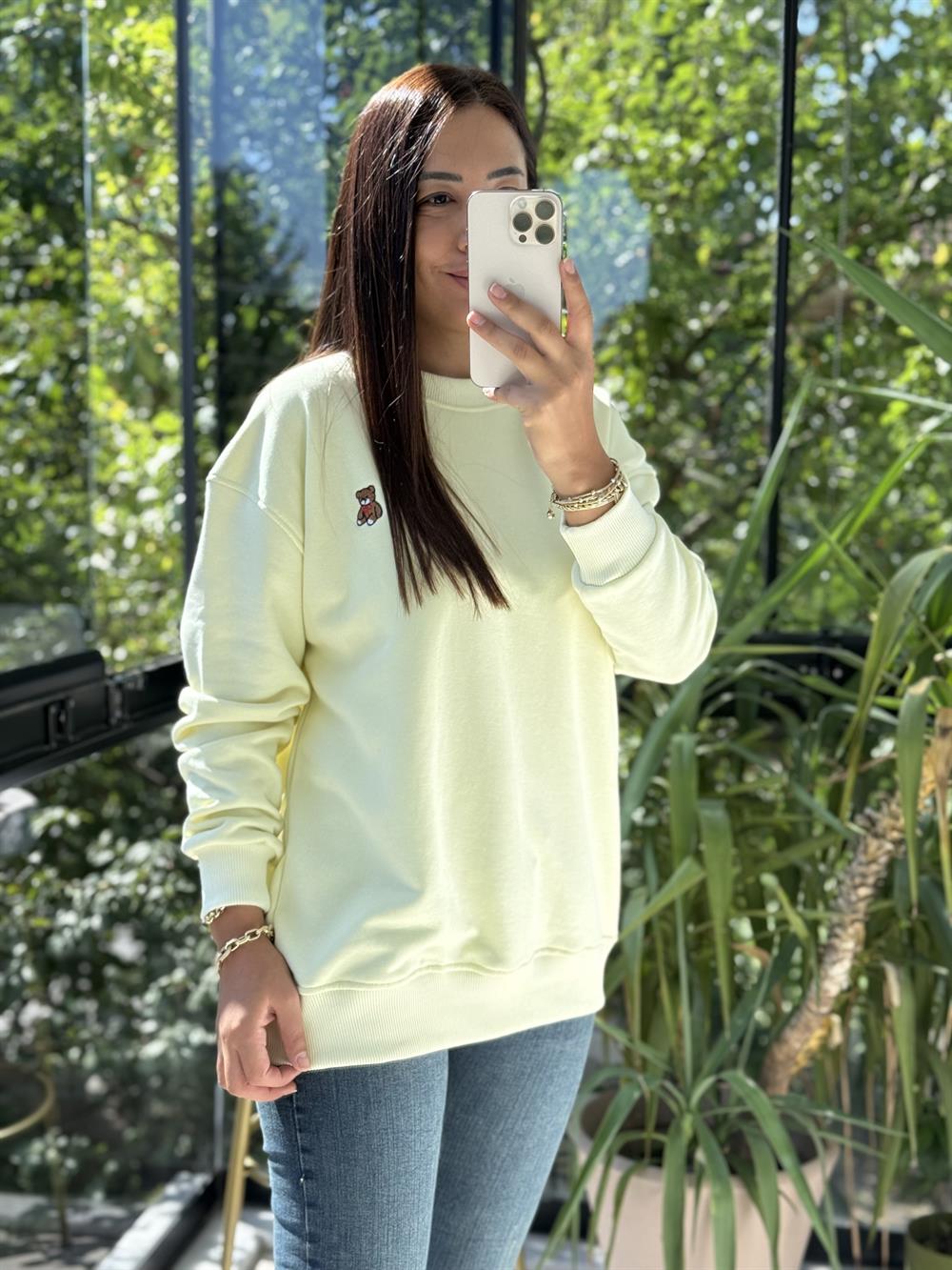 Ayıcık Nakışlı Basic Sweatshirt Limon Sarısı