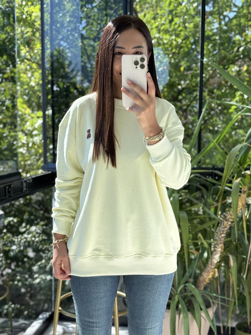 Ayıcık Nakışlı Basic Sweatshirt Limon Sarısı