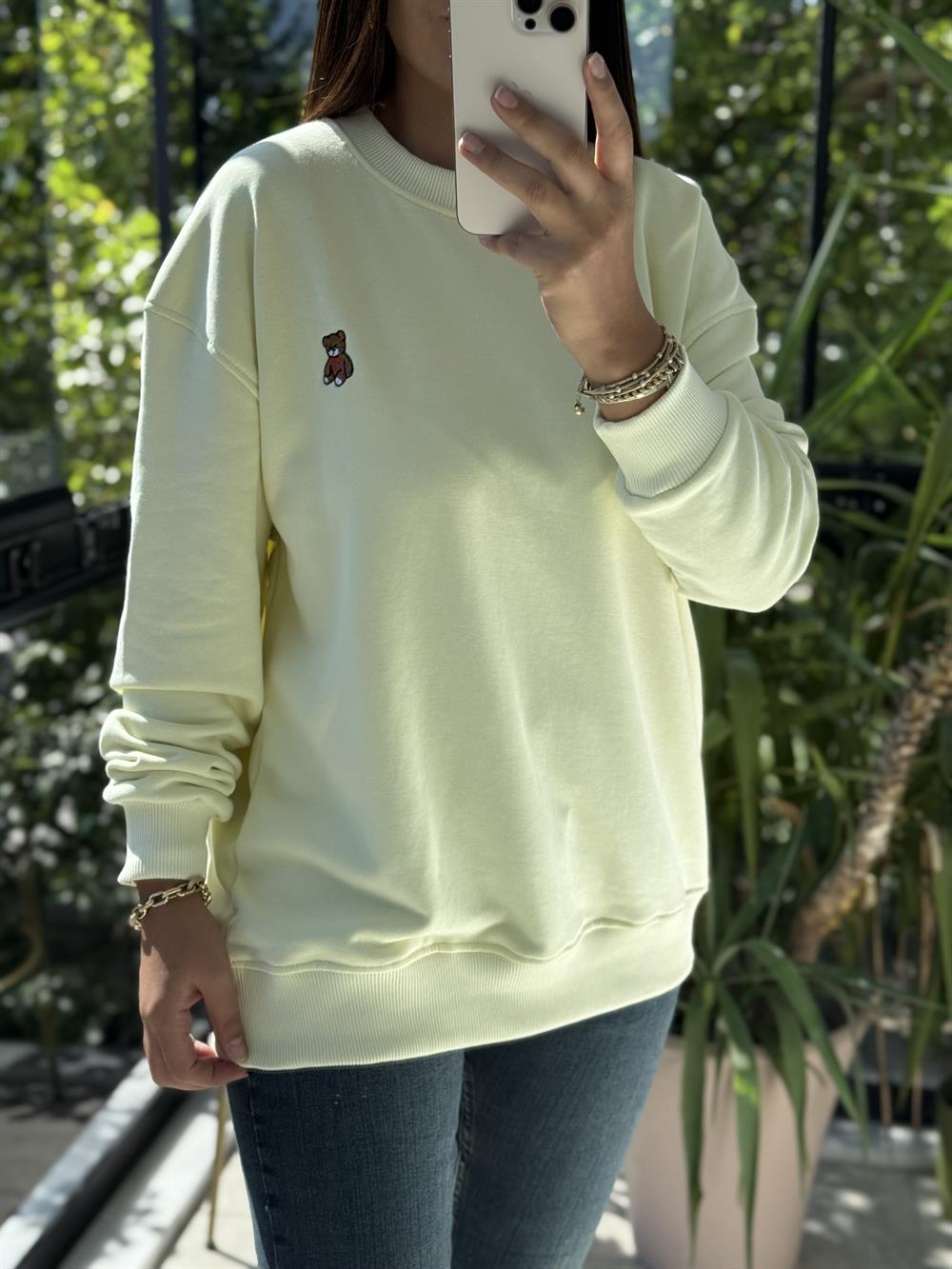 Ayıcık Nakışlı Basic Sweatshirt Limon Sarısı