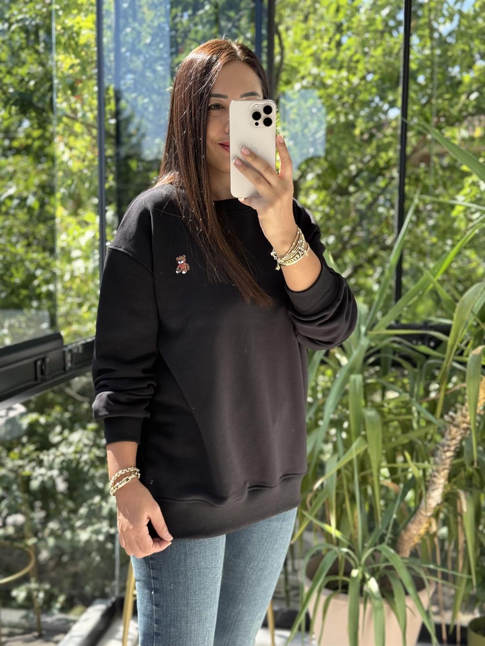 Ayıcık Nakışlı Basic Sweatshirt Siyah