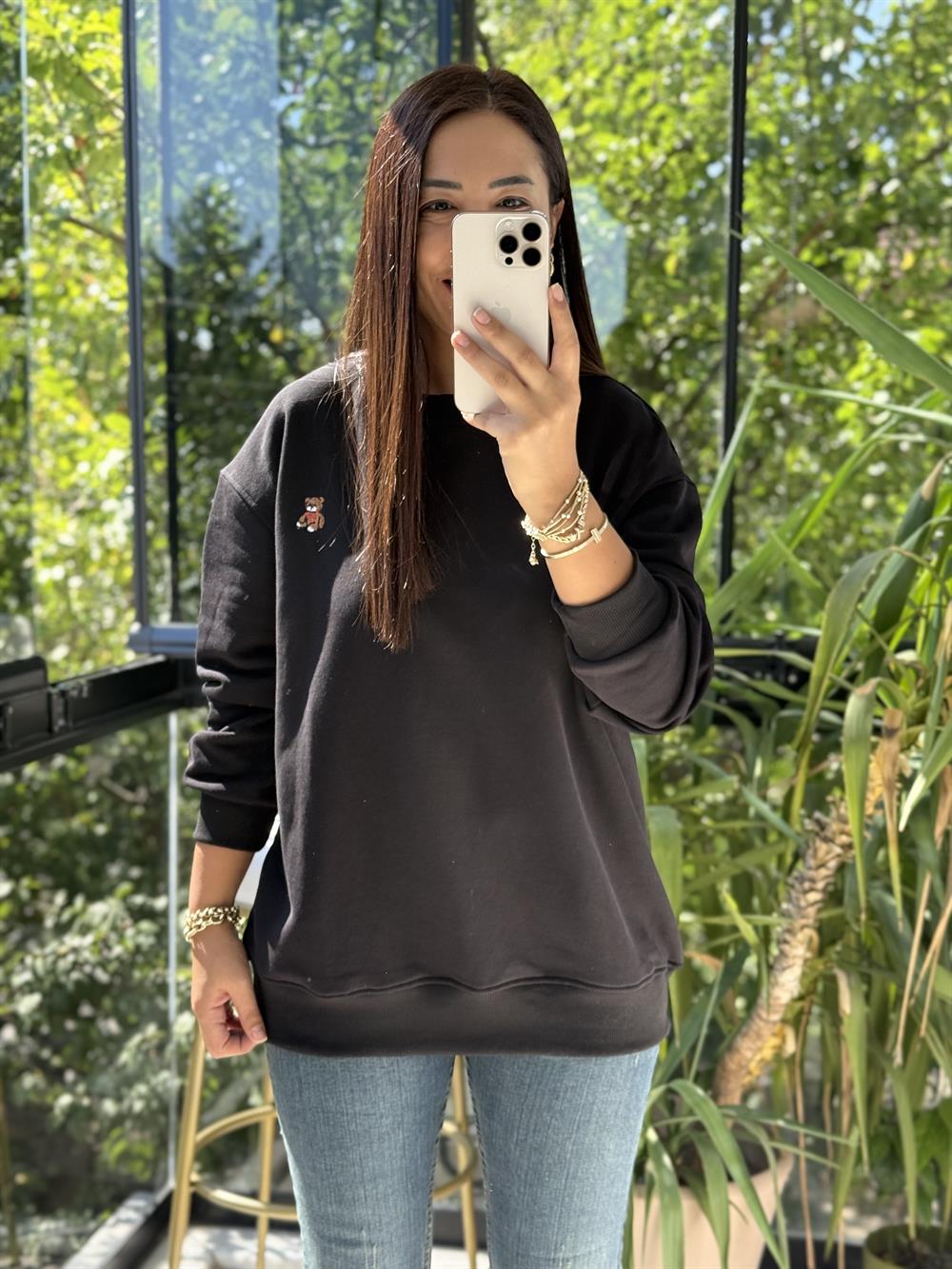 Ayıcık Nakışlı Basic Sweatshirt Siyah