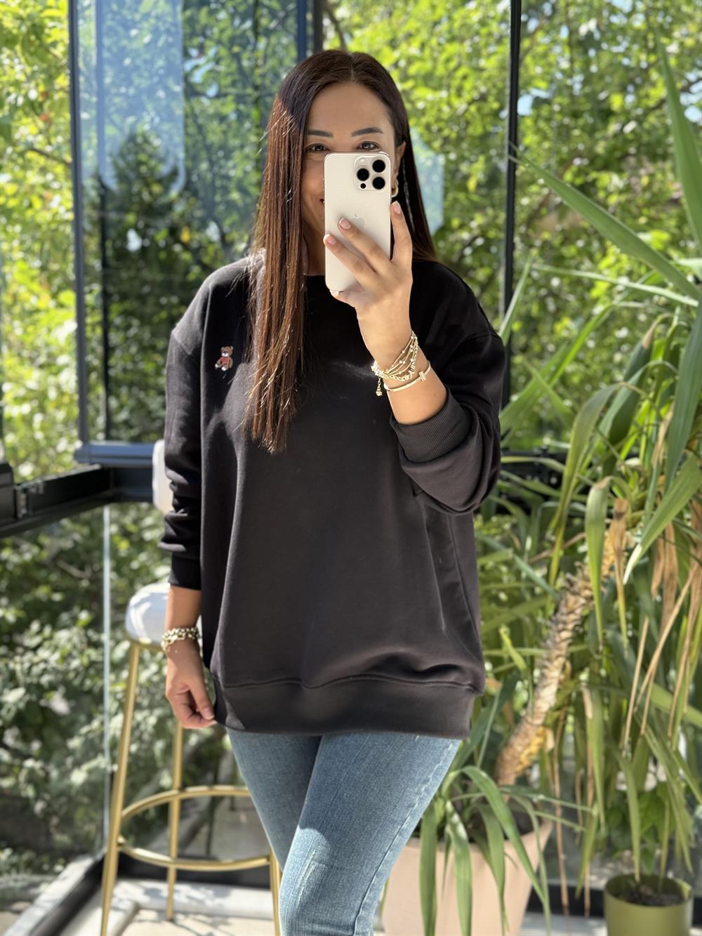 Ayıcık Nakışlı Basic Sweatshirt Siyah