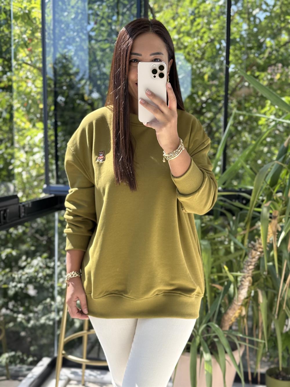 Ayıcık Nakışlı Basic Sweatshirt Yağ Yeşili