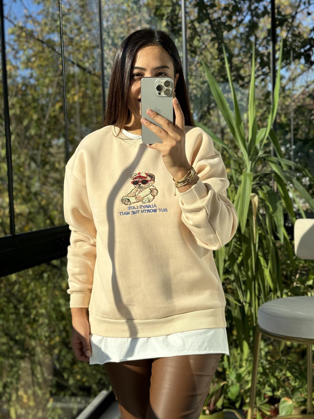 Ayıcıklı Sweatshirt Bej