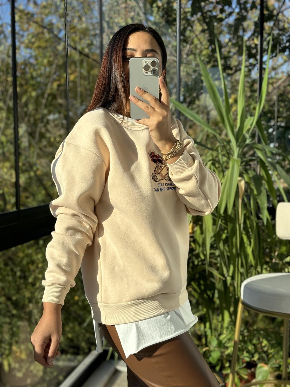 Ayıcıklı Sweatshirt Bej