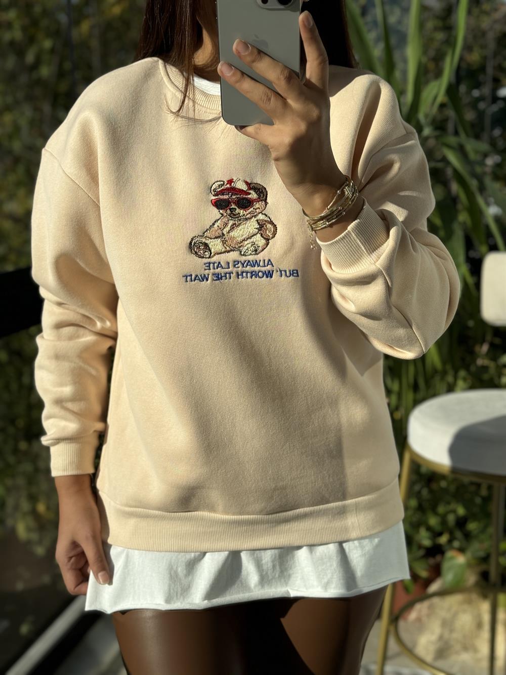 Ayıcıklı Sweatshirt Bej