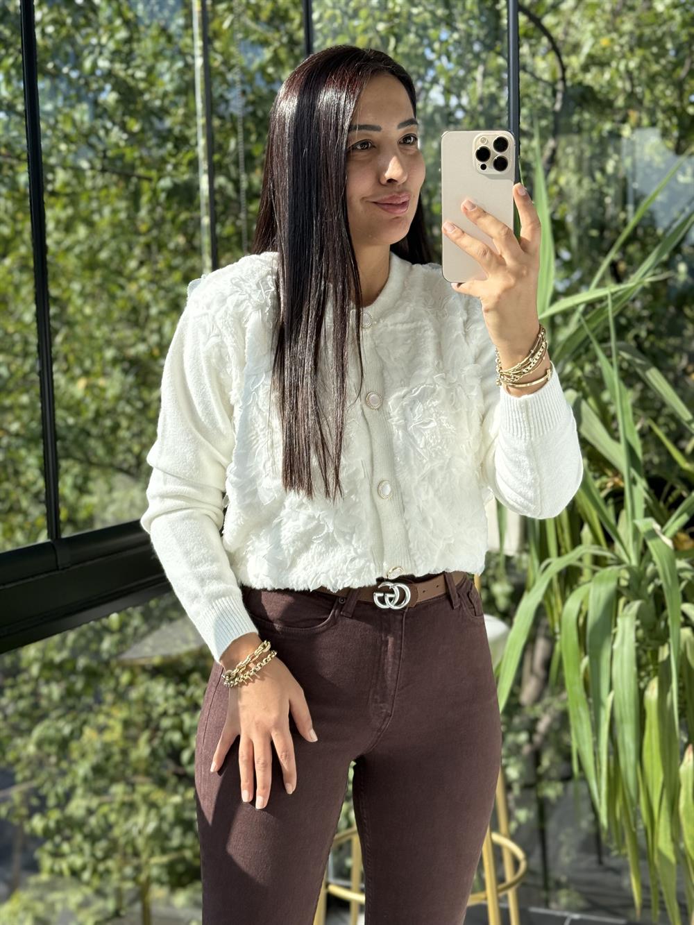 İthal Dokuma Kumaş Tül Detaylı Hırka Ekru