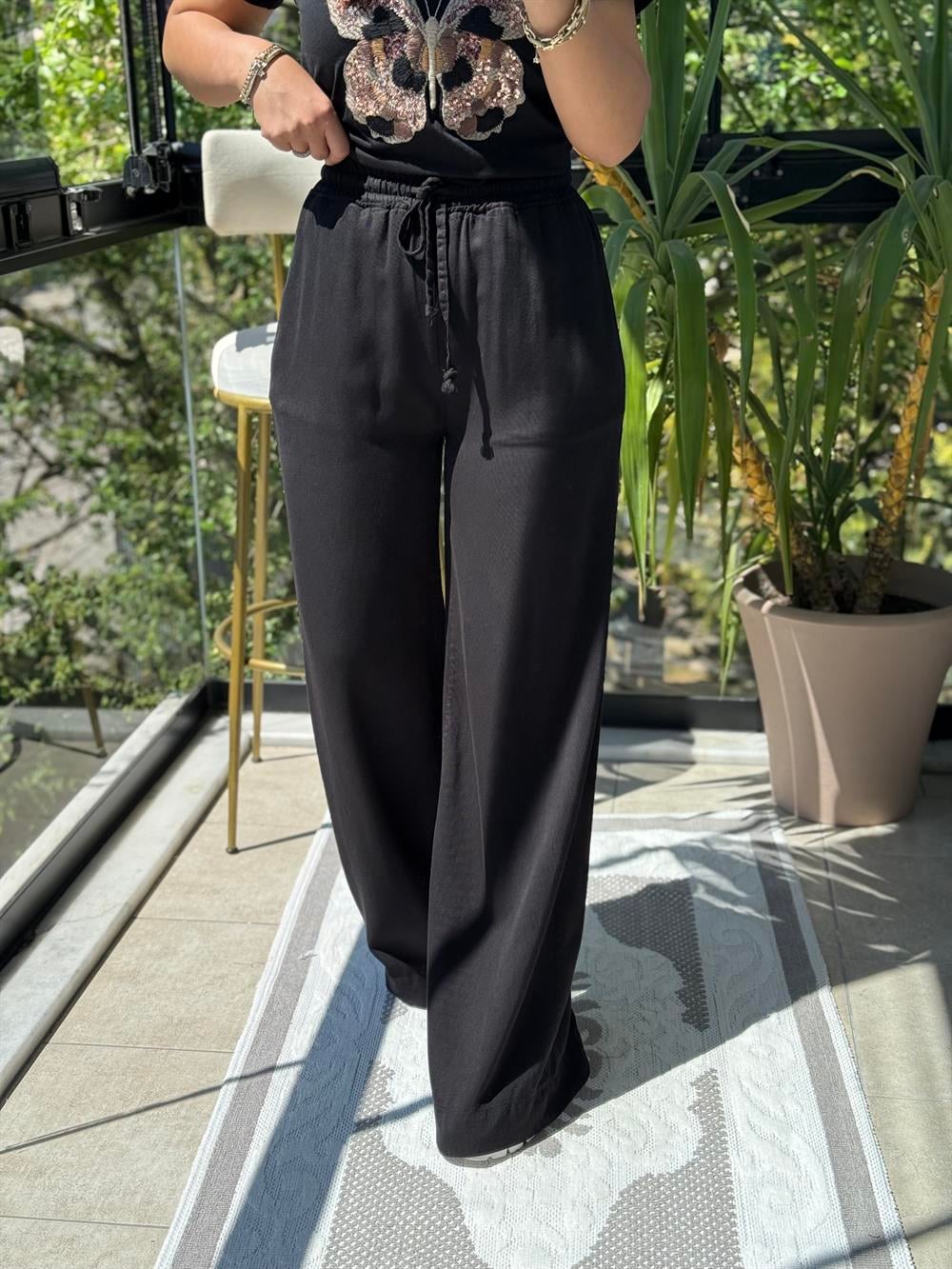 Lastikli Palazzo Pantolon Siyah