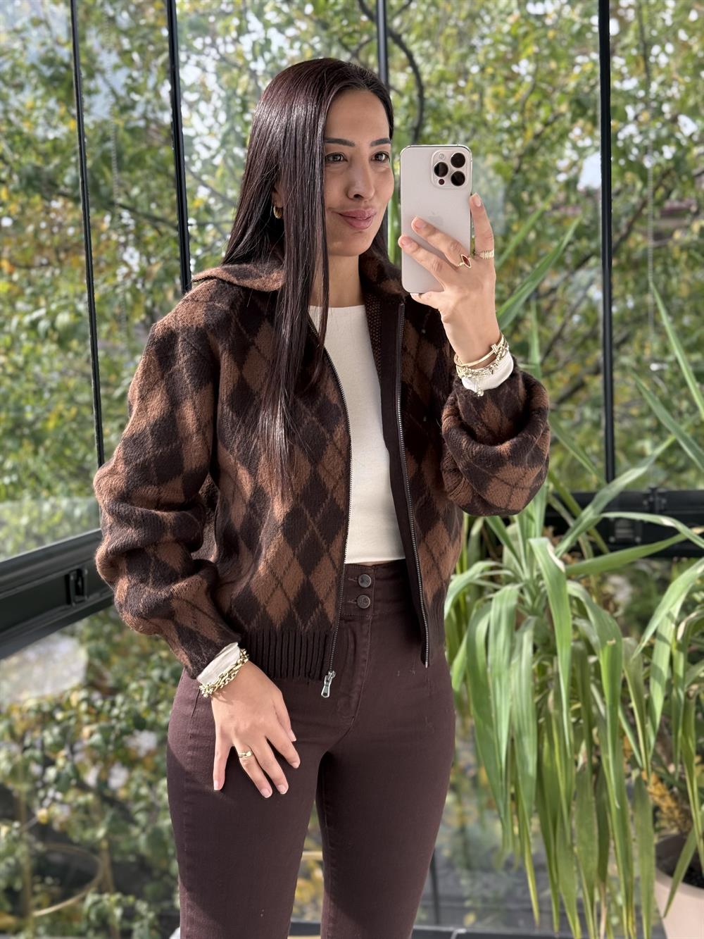 Yakalı Fermuarlı Baklava Hırka Kahve