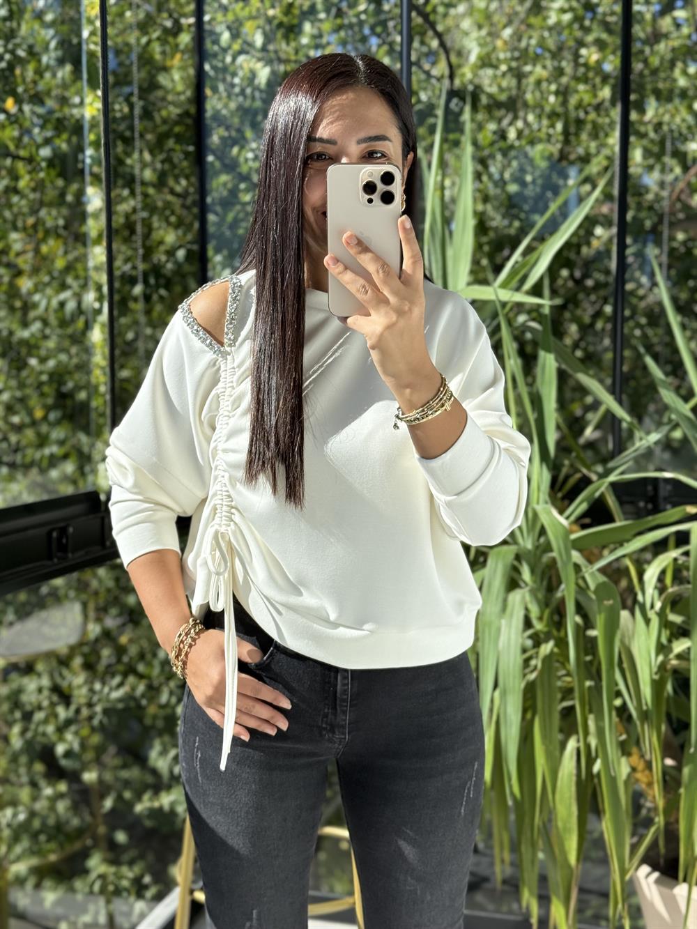 Taş Detay Kordonlu Modal Sweatshirt Ekru