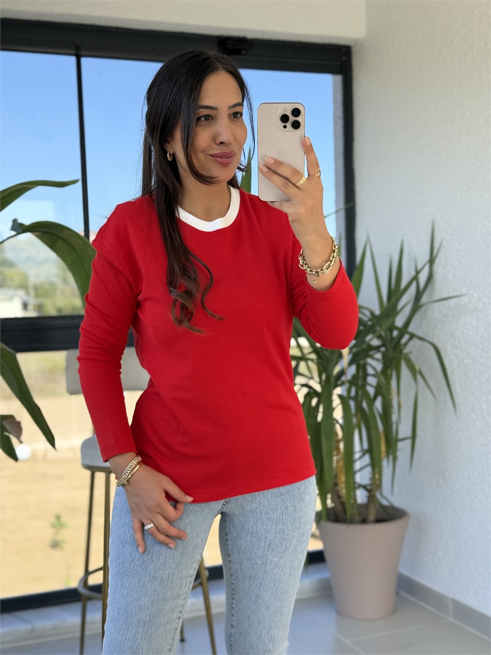 Yakası Biyeli Sweat Bluz Kırmızı