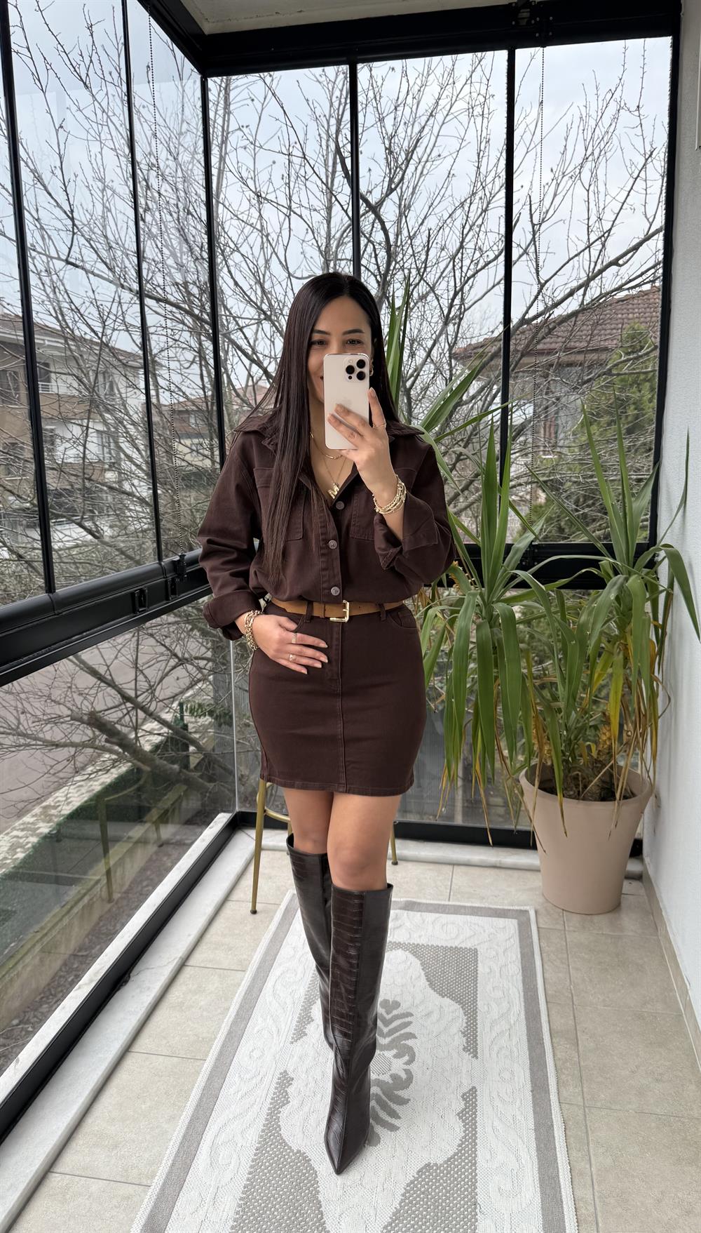 Düğmeli Mini Kot Elbise Kahve