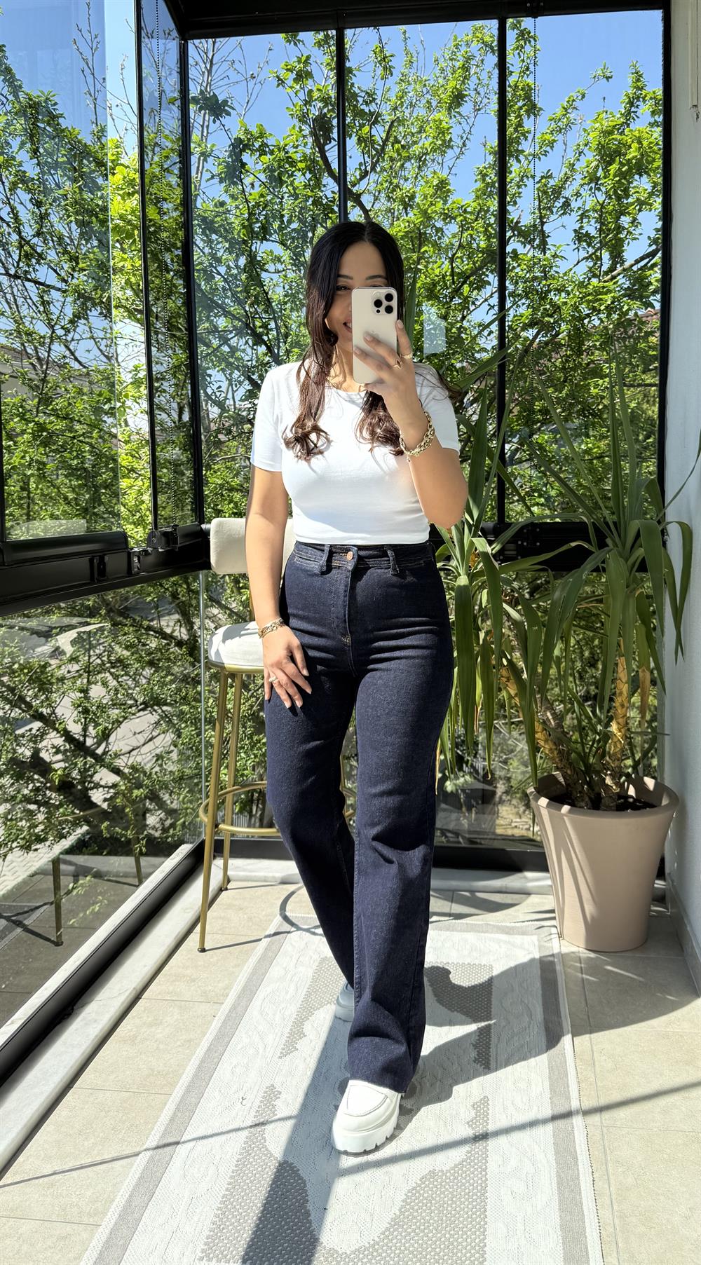 Dekoratif Cep Detaylı Palazzo Kot Pantolon Slaplı Lacivert