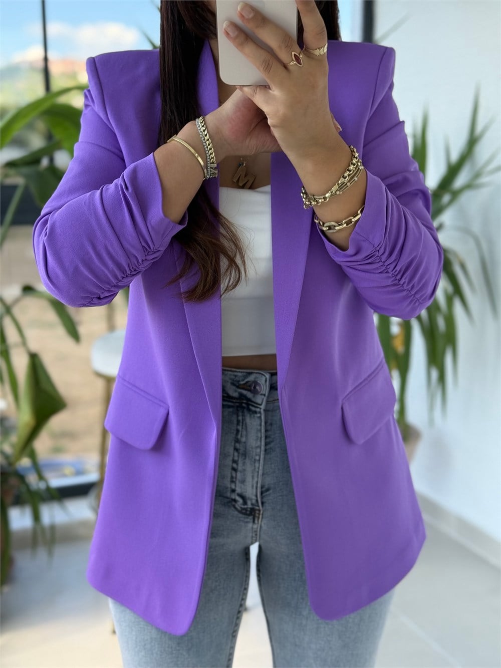 Kolu Büzgülü Blazer Ceket Mor