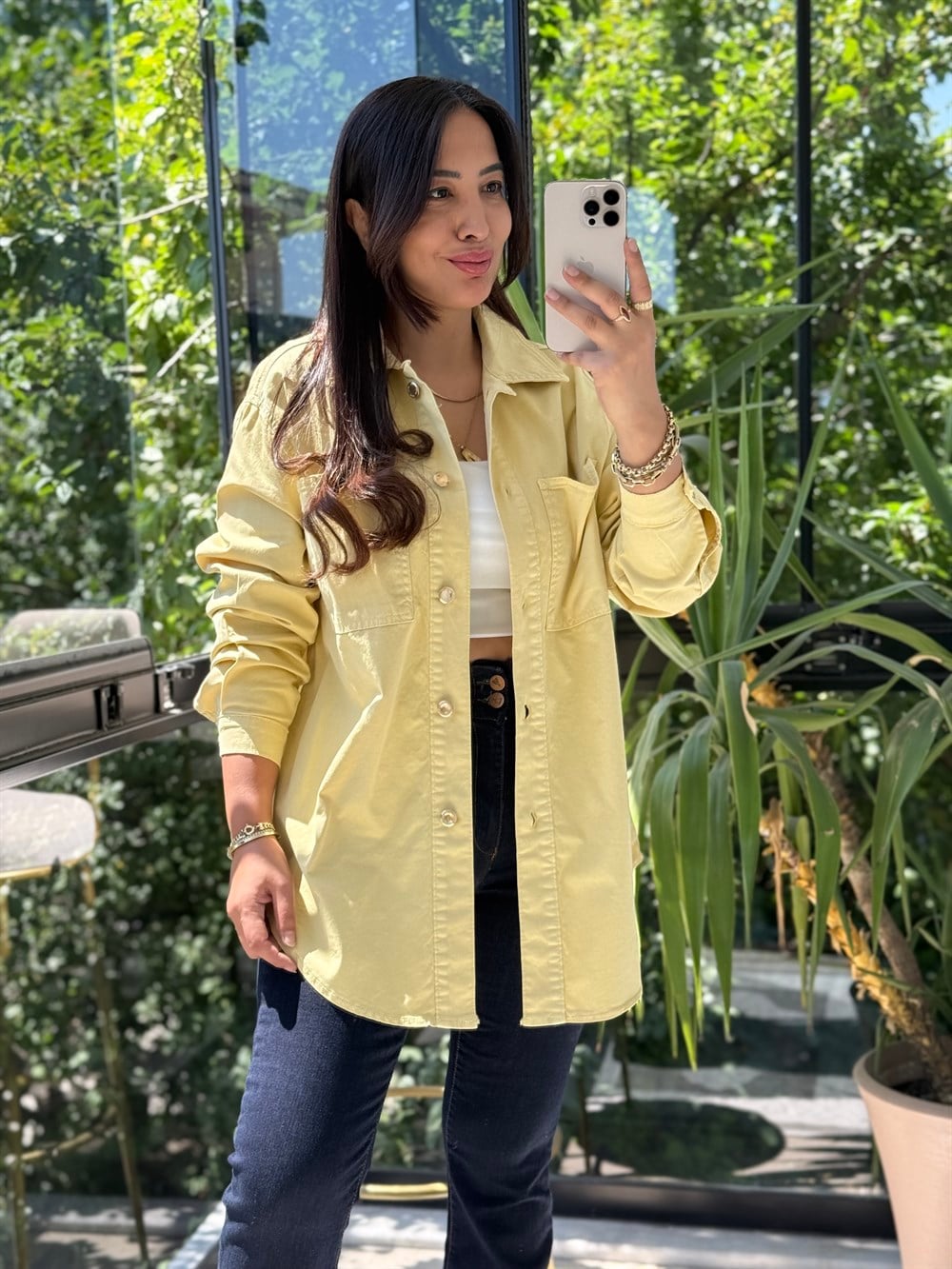 Düğmeli Oversize Gömlek Hardal