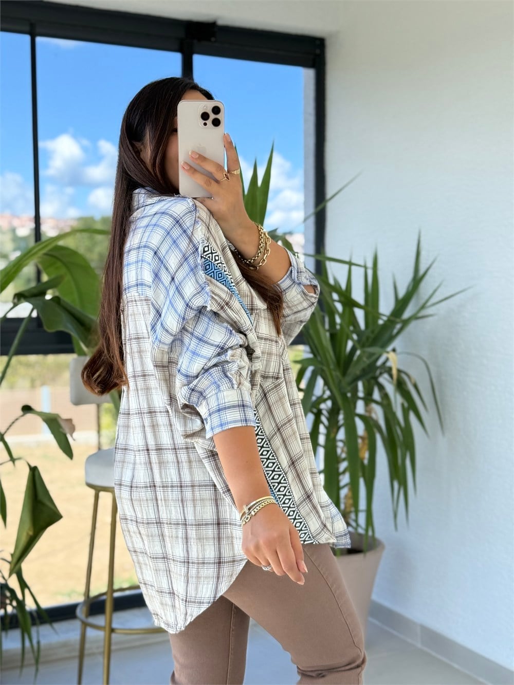 Mavi Nakış Şerit Detaylı Ekose Gömlek Vizon