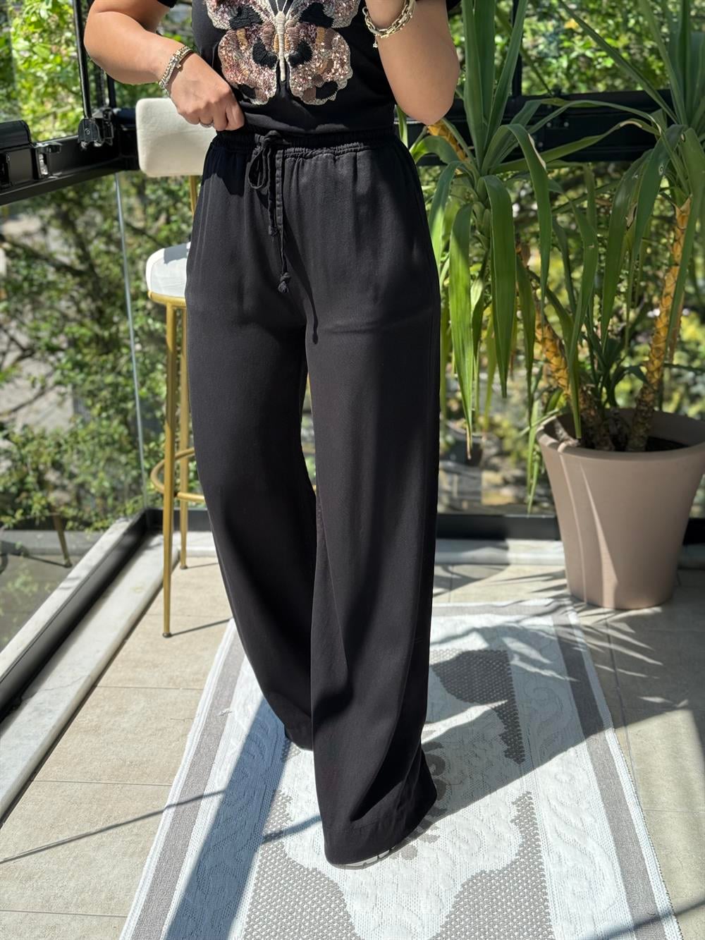 Lastikli Palazzo Pantolon Siyah