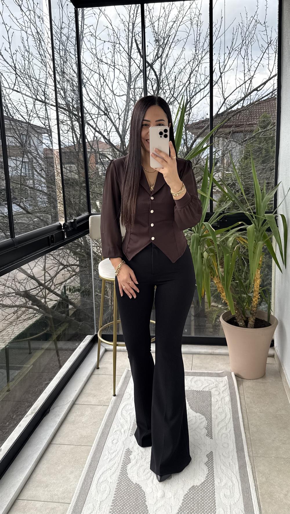 Kolları Tül Detaylı Bluz Kahve