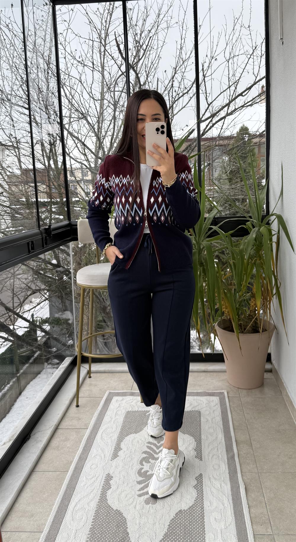 Geometrik Desenli Çift fermuarlı Hırka Lacivert