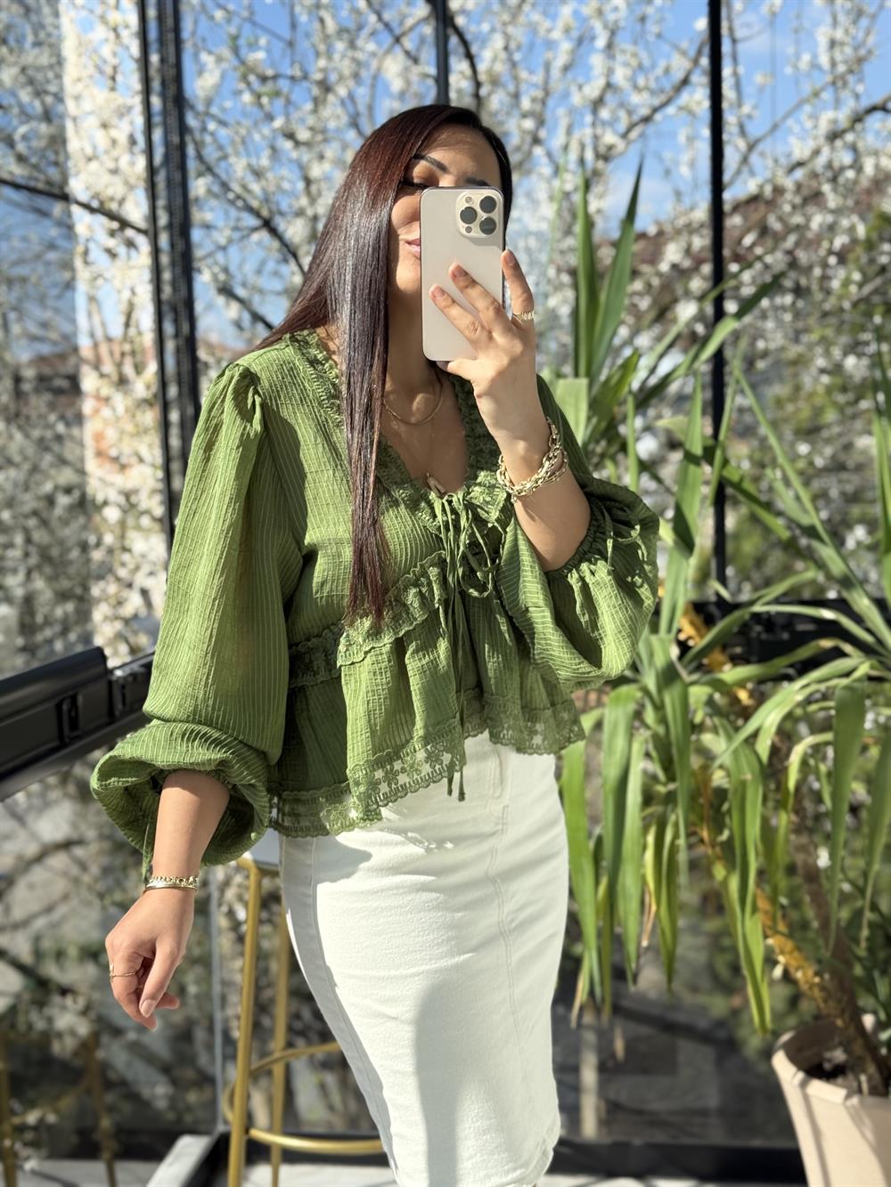 Dantelli Uzun Kol Bluz Yeşil