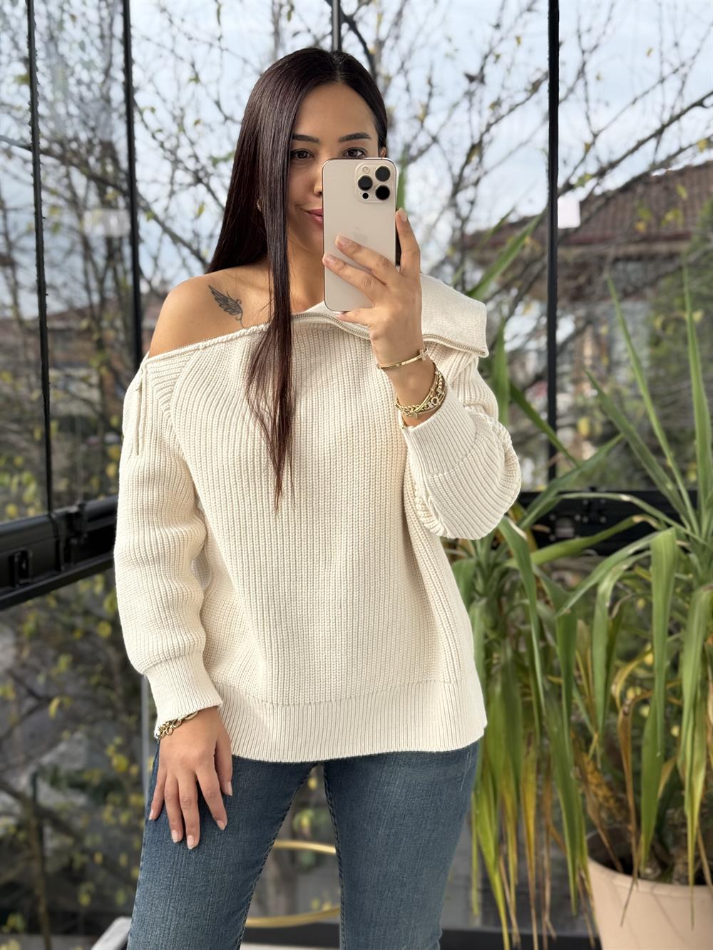 Yandan Fermuarlı Geniş Yaka triko Kazak Krem