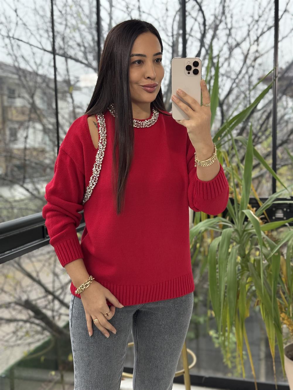 Taş Şerit işleme Cut Aut Kazak Kırmızı