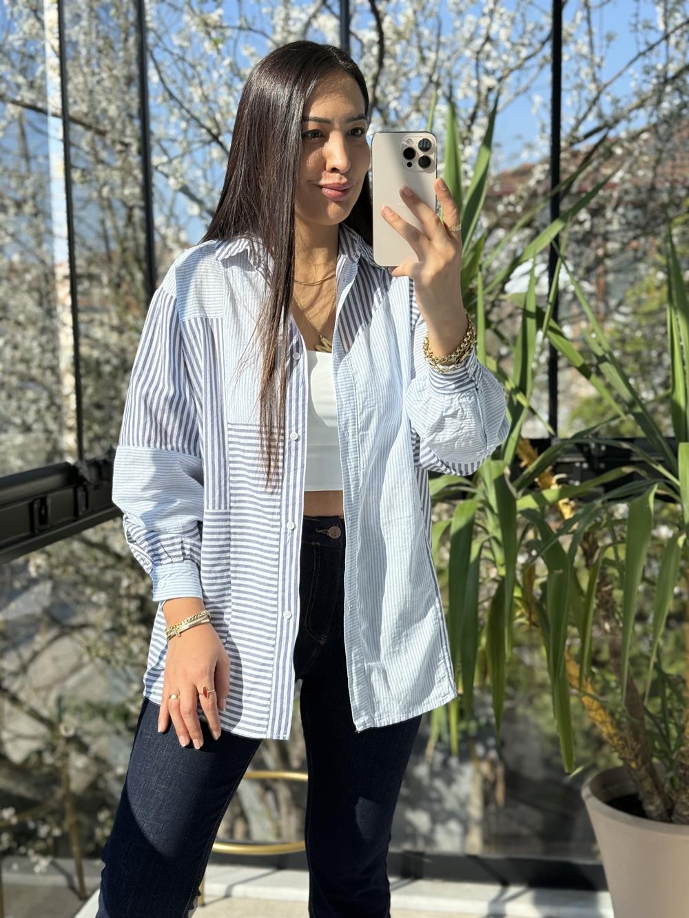 Asimetrik Çizgi Detaylı Pamuklu Gömlek Lacivert