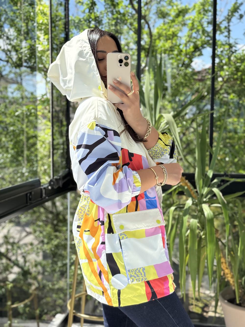 Desen Parçalı Yağmurluk Lila