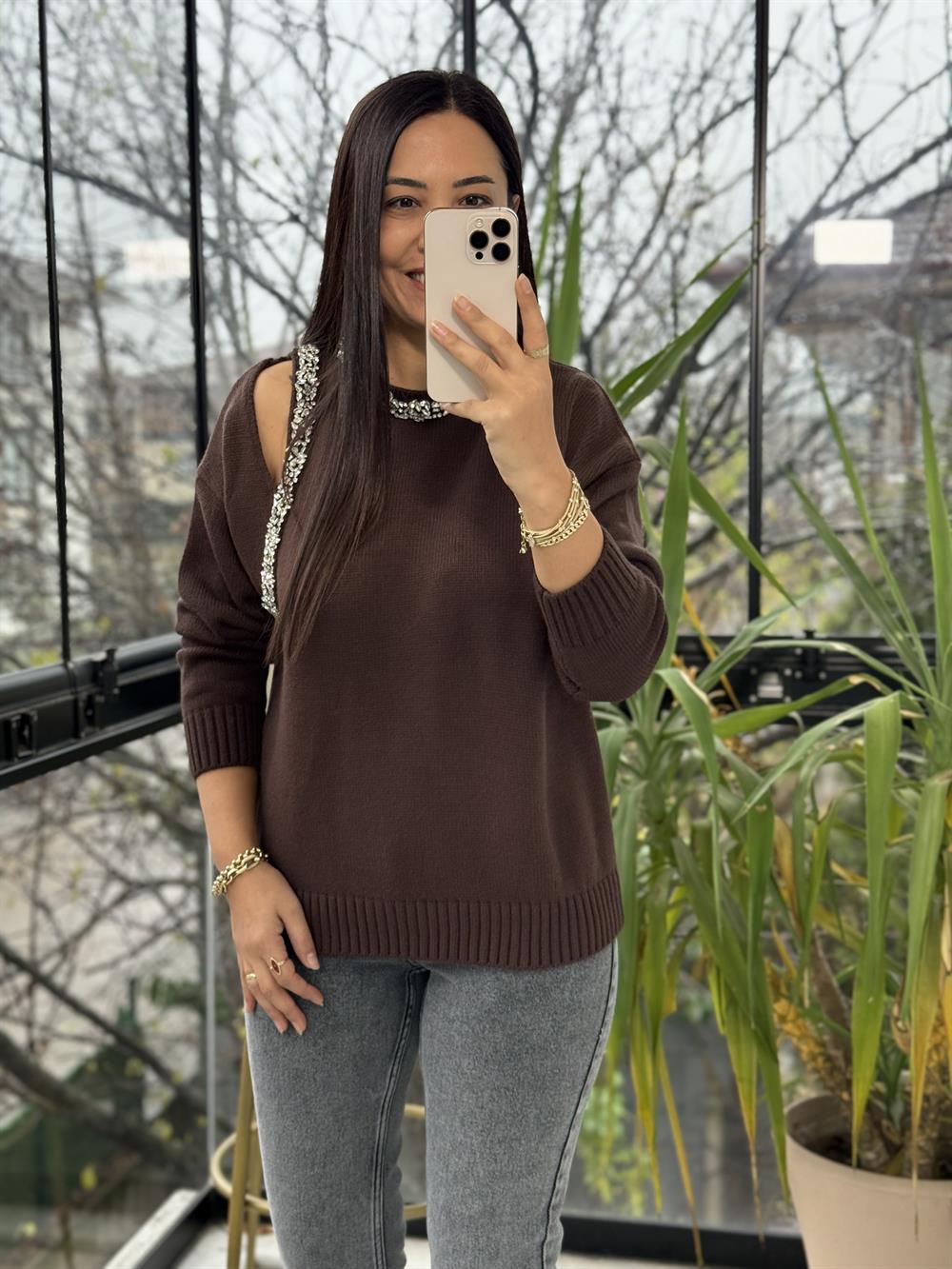 Taş Şerit işleme Cut Aut Kazak Kahve