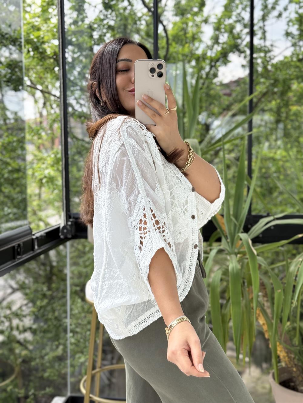 Payetli Örme Kısa Kol Hırka Beyaz