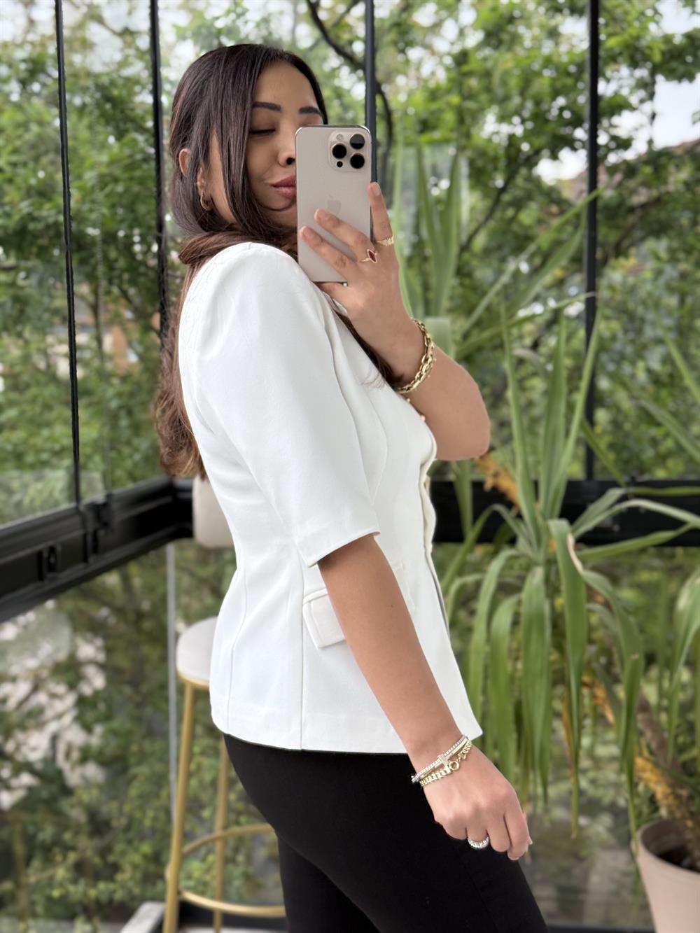 Slimfit Mini Gold Düğme Kısa Kol Blazer Beyaz