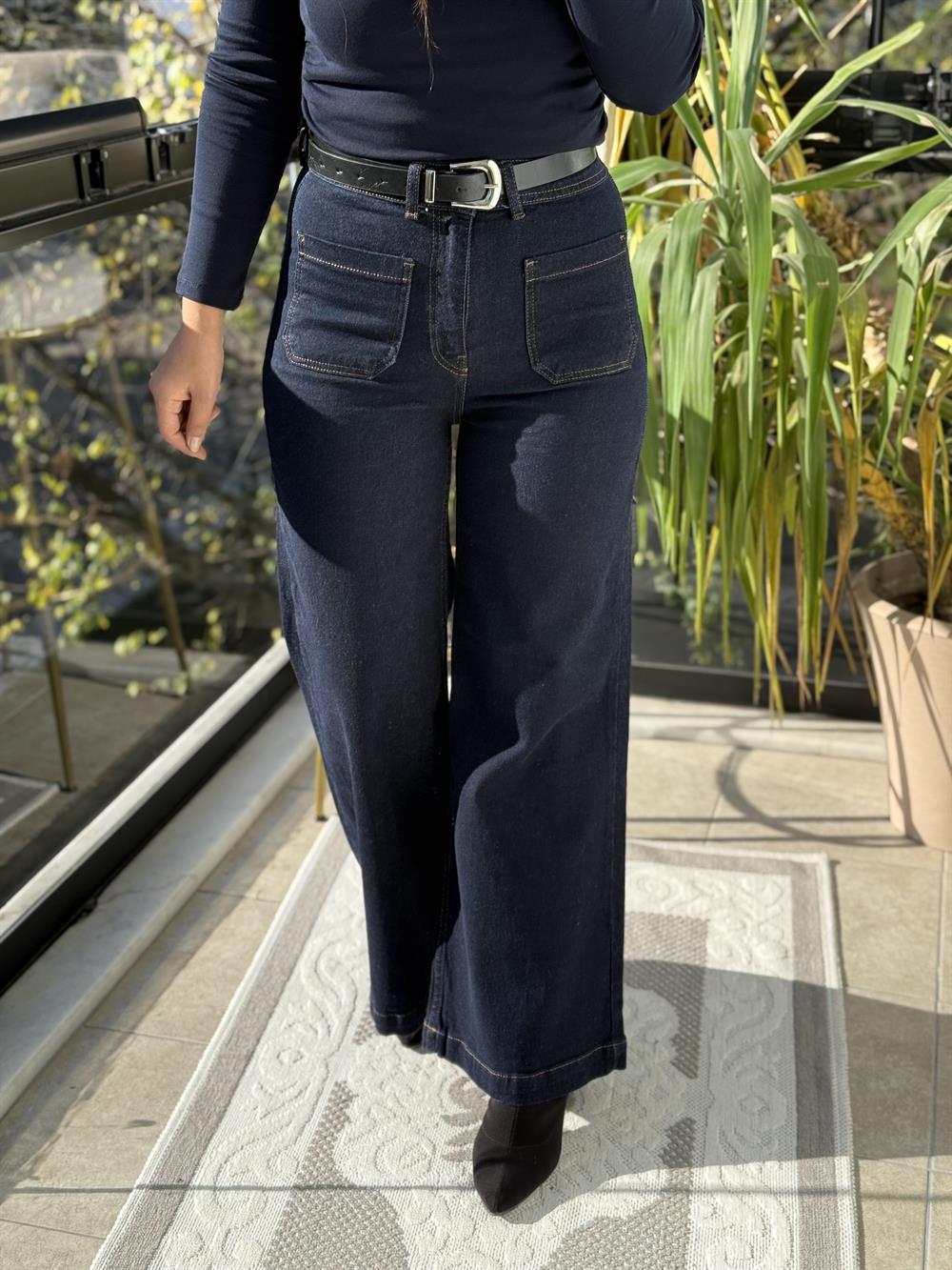 Ön Cep Detaylı Palazzo Jean Lacivert