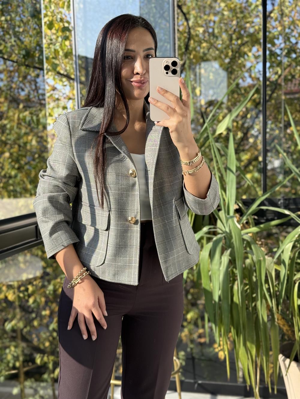 Ekose Top Düğme Crop Ceket Kahve