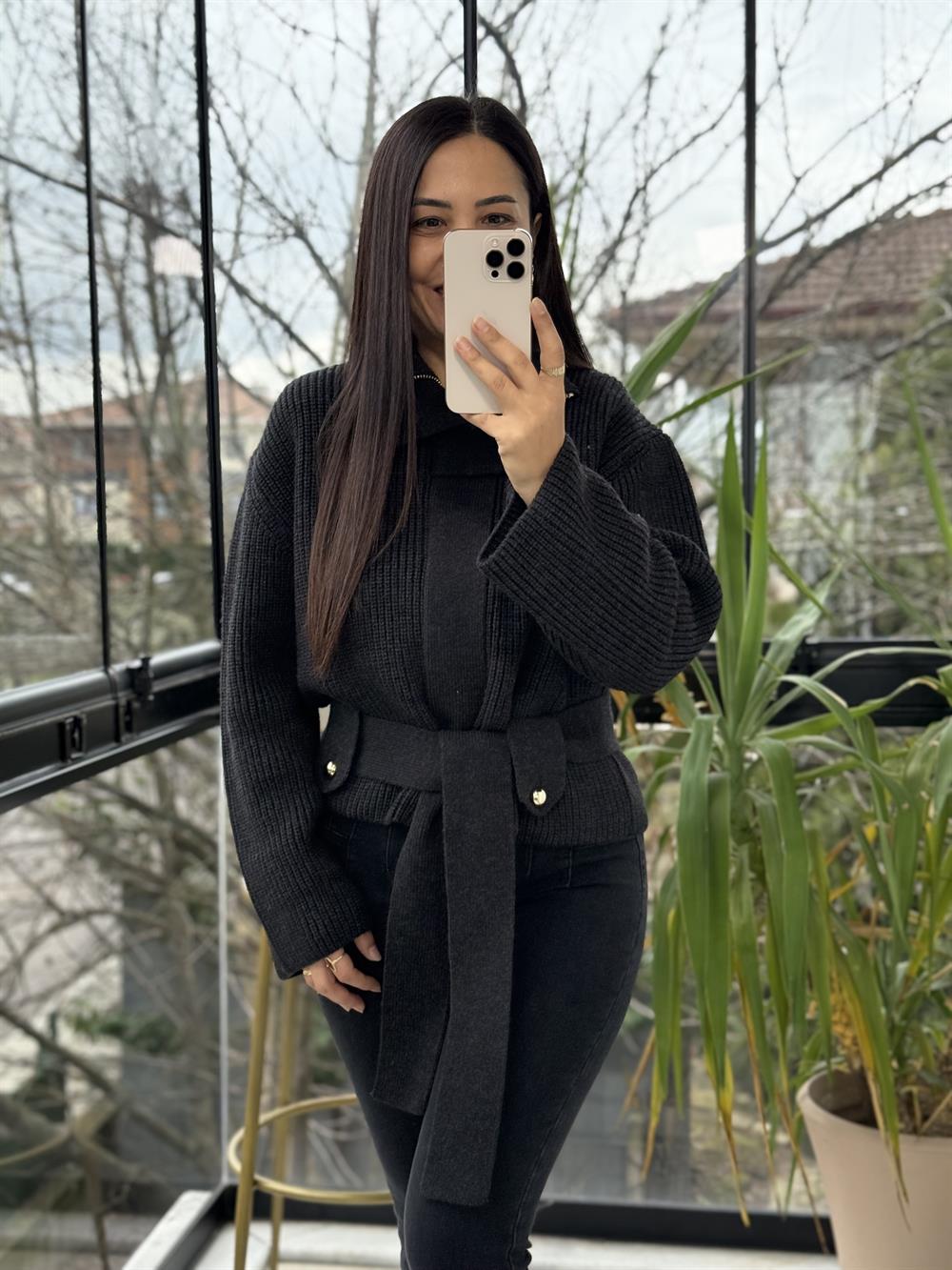 Dilvin Fermuarlı Kemerli Düğmeli Yünlü Triko Hırka Antrasit