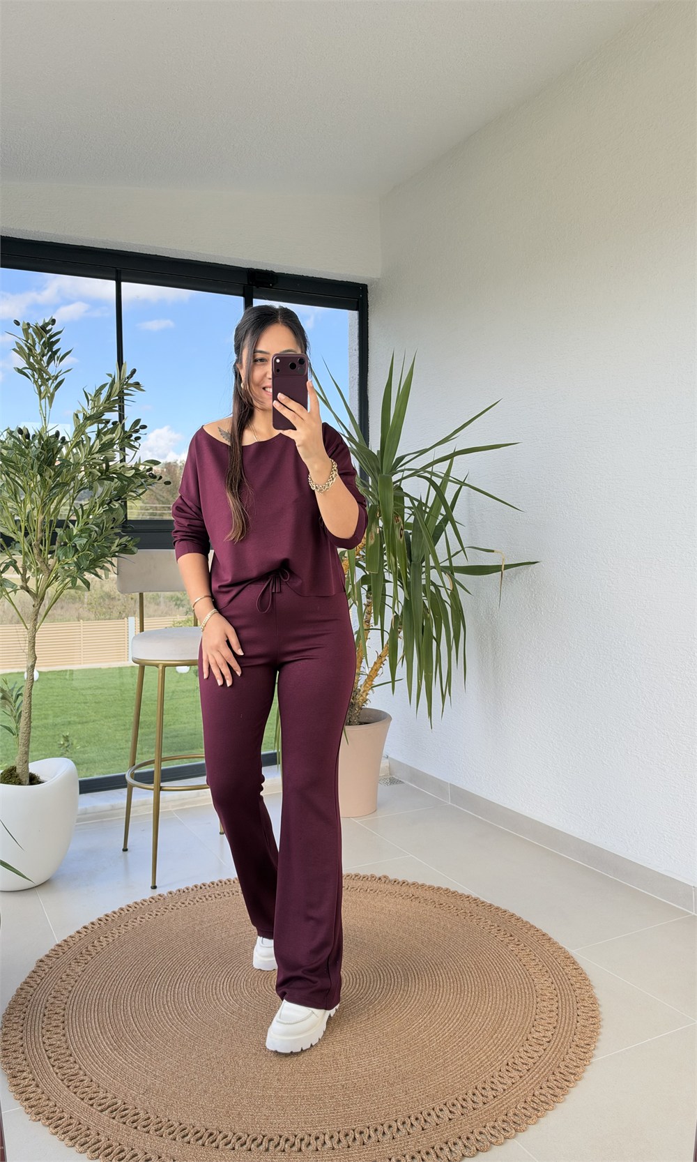 Kayık Yaka Bluzlu Takım Bordo