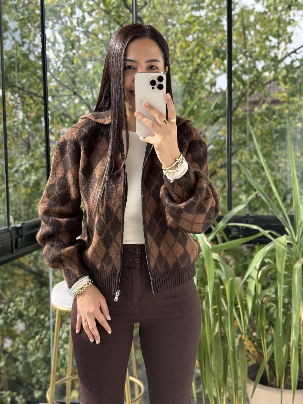 Yakalı Fermuarlı Baklava Hırka Kahve