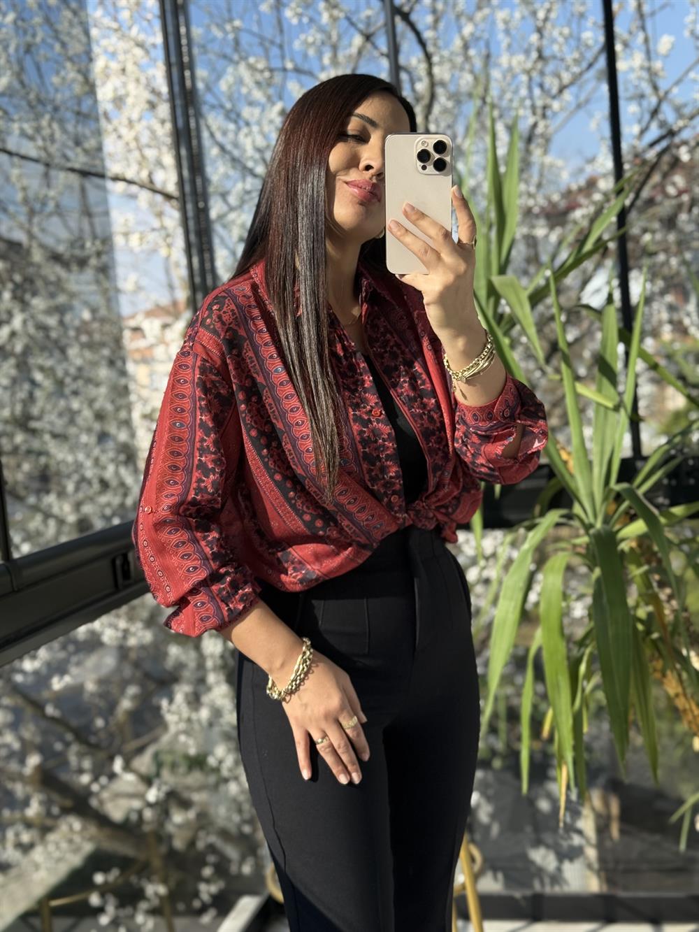 Etnik Desenli Pamuklu Gömlek Kırmızı 